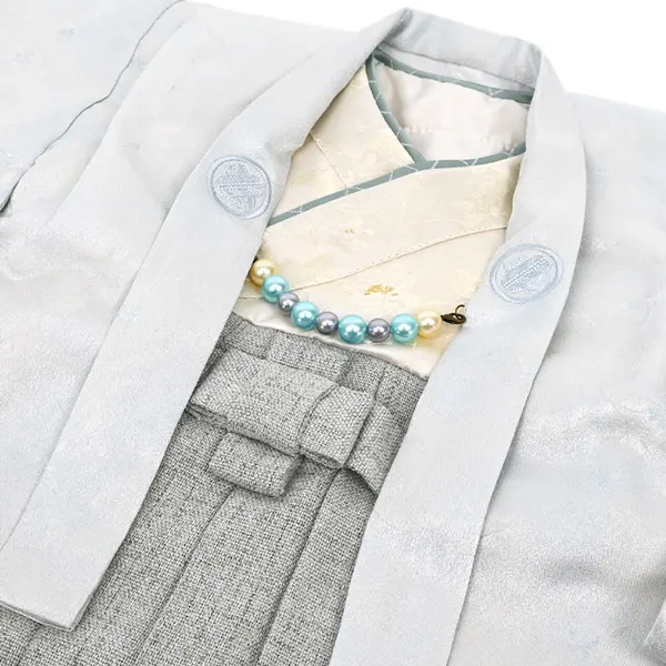 男児(100日～)077羽織袴 白藍オリエンタル調 ツイード調薄グレー袴 一体型