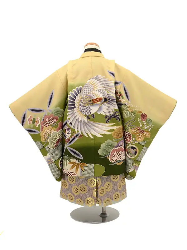 かんたん七五三 3歳男袴 鷹 松 抹茶ｸﾘｰﾑ |簡単着付け