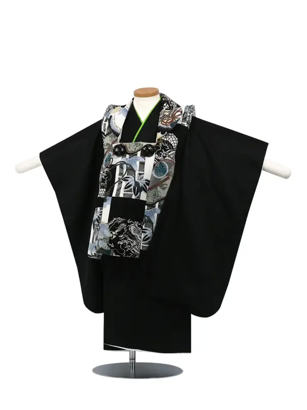 七五三 3歳被布 ﾚﾝﾀﾙ 黒/黒 無地 龍 松竹 葵