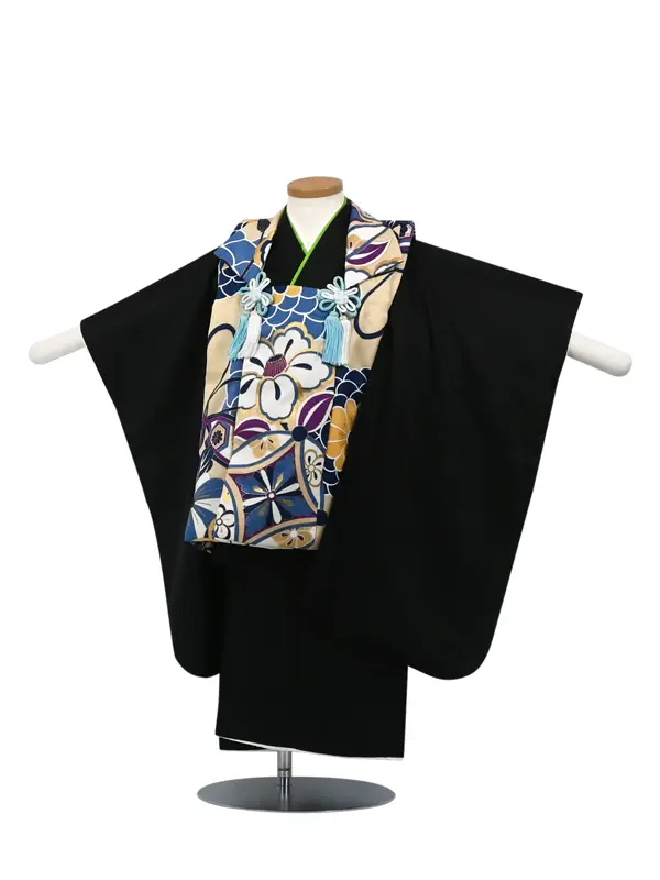 七五三 3歳被布 ﾚﾝﾀﾙ ﾍﾞｰｼﾞｭ/黒 無地 花