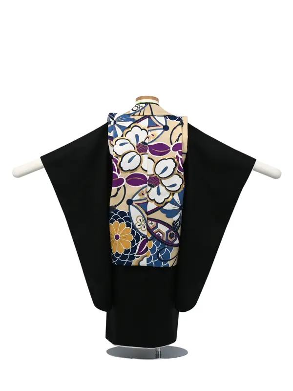 七五三 3歳被布 ﾚﾝﾀﾙ ﾍﾞｰｼﾞｭ/黒 無地 花