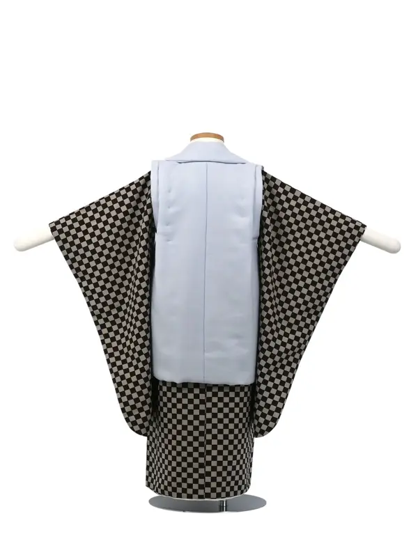 七五三 3歳被布 ﾚﾝﾀﾙ 水色/格子模様 茶 刺繍