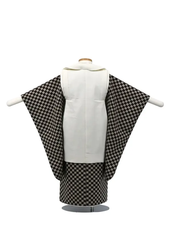 七五三 3歳被布 ﾚﾝﾀﾙ 白地に刺繍/格子模様 茶