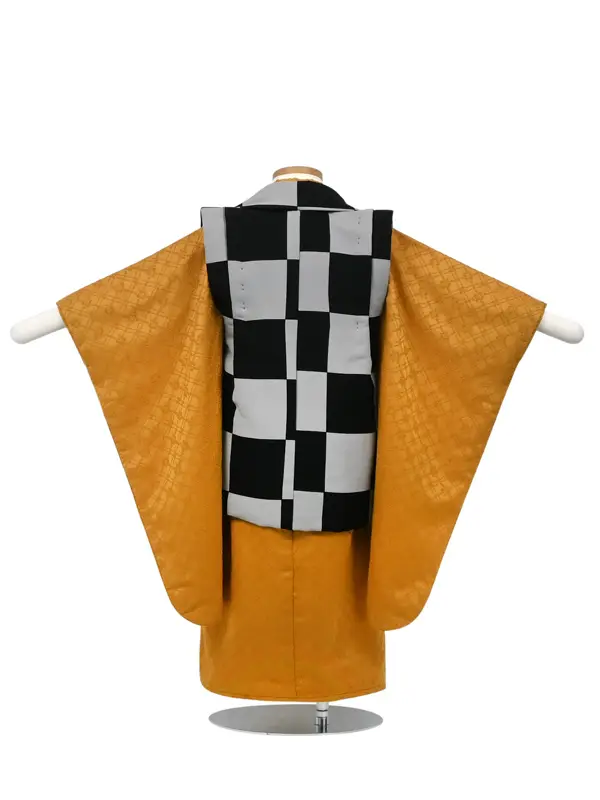 七五三 3歳被布 ﾚﾝﾀﾙ 黒ｸﾞﾚｰﾁｪｯｸ/黄 刺繍風