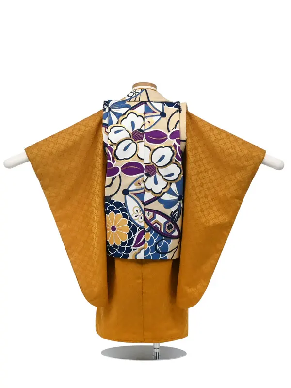 七五三 3歳被布 ﾚﾝﾀﾙ ﾍﾞｰｼﾞｭ/黄 刺繍風 花