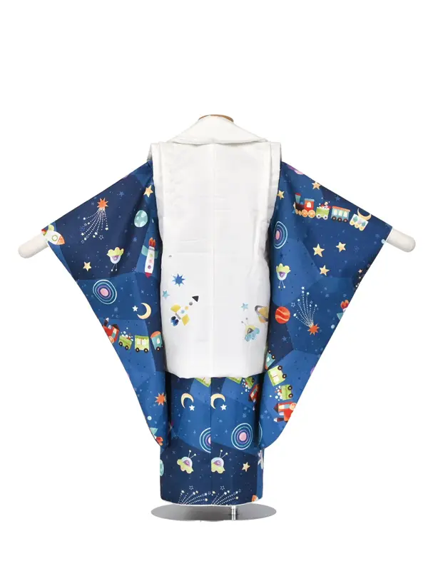 七五三 2歳3歳 男の子ﾚﾝﾀﾙ 白/青 機関車 宇宙