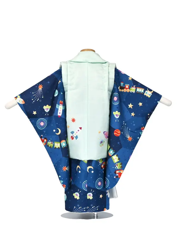 七五三 2歳3歳 男の子ﾚﾝﾀﾙ ﾐﾝﾄｸﾞﾘｰﾝ/青 機関車 宇宙