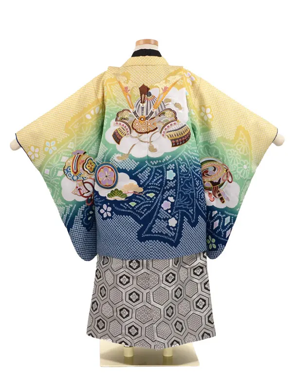 かんたん七五三 5歳男袴 兜 ｸﾞﾗﾃﾞｰｼｮﾝ 疋田絞り 黄 簡単着付け