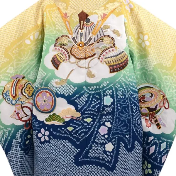 かんたん七五三 5歳男袴 兜 ｸﾞﾗﾃﾞｰｼｮﾝ 疋田絞り 黄 簡単着付け