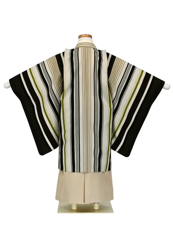 かんたん七五三 5歳男袴 ﾍﾞｰｼﾞｭ/緑 縞 無地袴