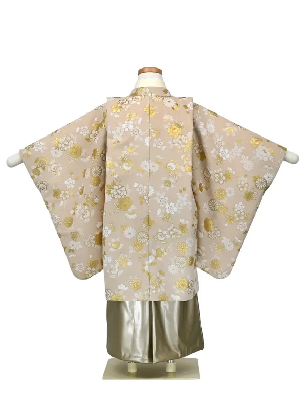 かんたん七五三 5歳男袴 ﾍﾞｰｼﾞｭ 金彩 菊 桜 ﾚｻﾞｰ調袴