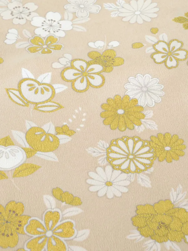 かんたん七五三 5歳男袴 ﾍﾞｰｼﾞｭ 金彩 菊 桜 ﾚｻﾞｰ調袴