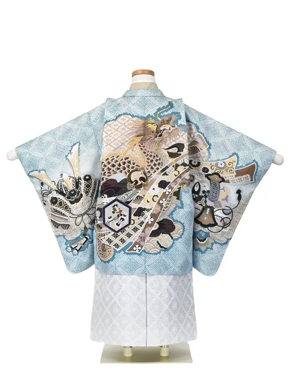 かんたん七五三 5歳男袴 水色 龍 疋田 かぶと 七宝 ｼﾙﾊﾞｰ袴