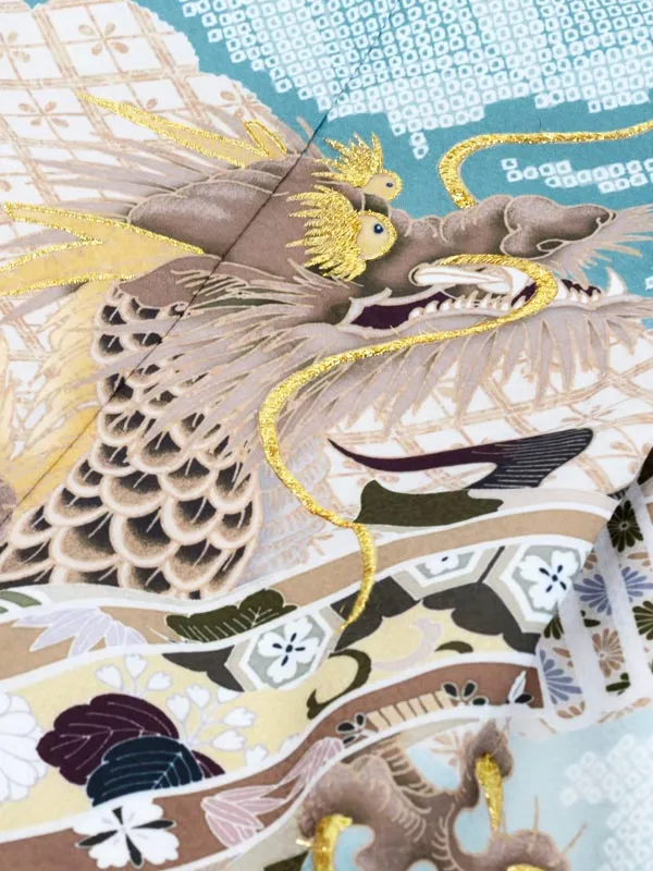 かんたん七五三 5歳男袴 水色 龍 疋田 かぶと 七宝 ｼﾙﾊﾞｰ袴