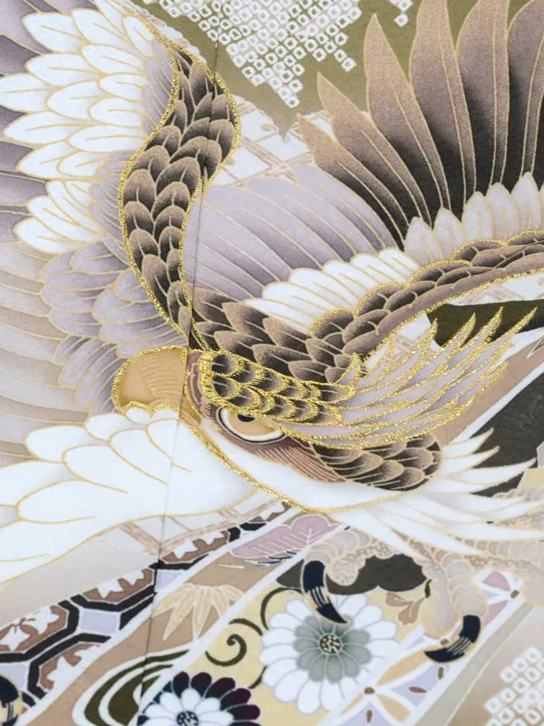 かんたん七五三 5歳男袴 うぐいす色 鷹 疋田 かぶと 七宝 ｼﾙﾊﾞｰ袴