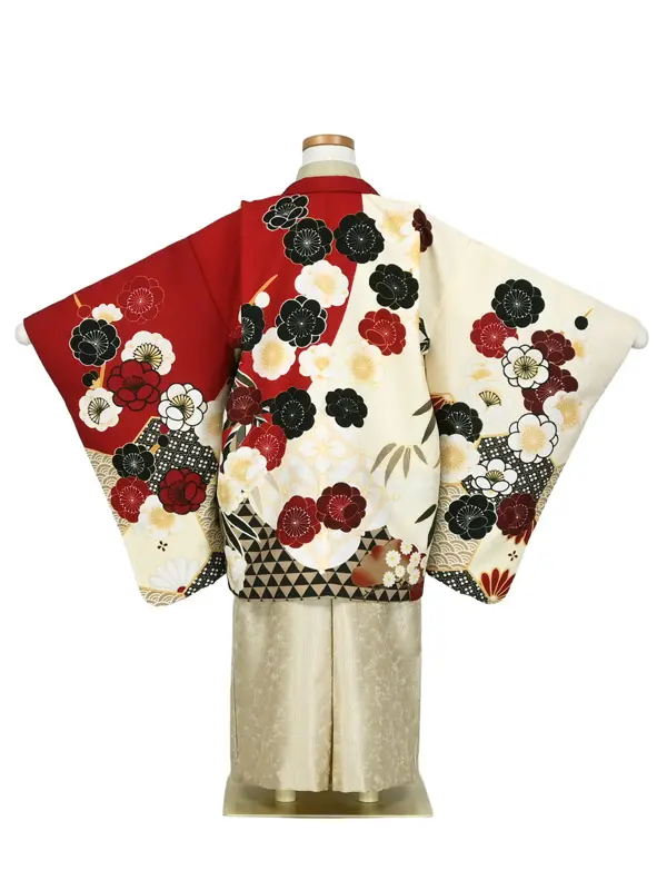 かんたん七五三5歳男袴 ｱｲﾎﾞﾘｰ/赤ｱｼﾝﾒﾄﾘｰｶﾗｰ 梅 ｺﾞｰﾙﾄﾞ袴