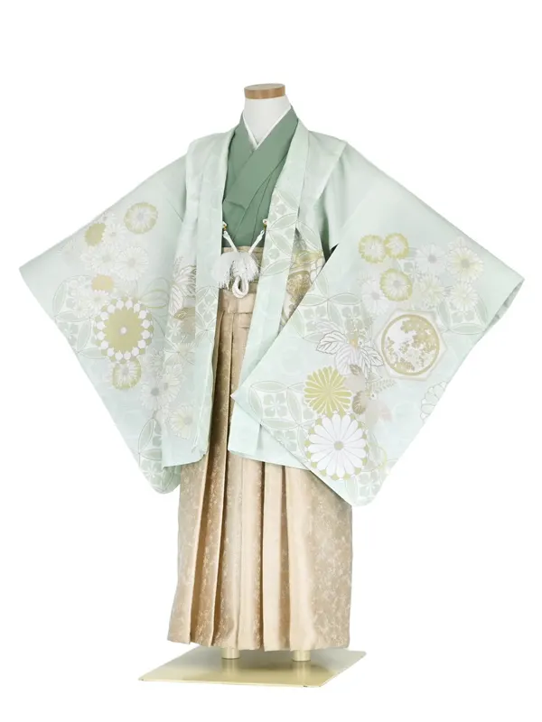 かんたん七五三5歳男袴 パステルグリーン 花紋 菊 桐 /ゴールド袴