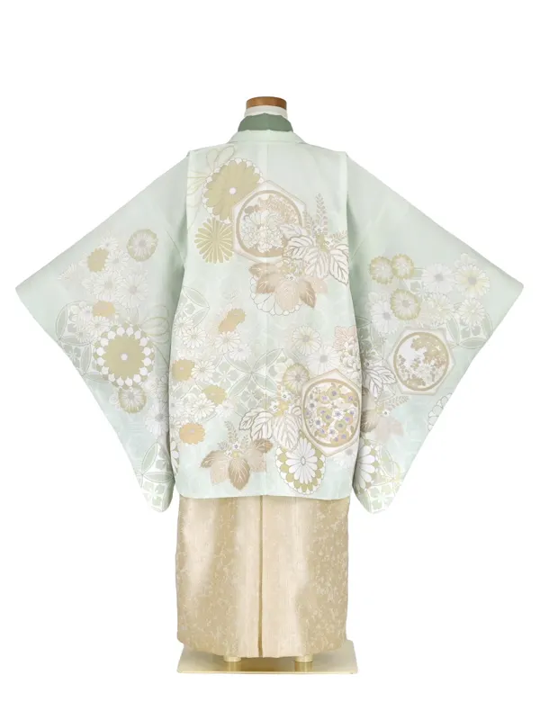 かんたん七五三5歳男袴 パステルグリーン 花紋 菊 桐 /ゴールド袴