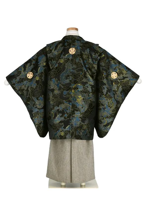 かんたん七五三5歳男袴 黒/金/紺 狛犬に龍/サンドベージュ袴