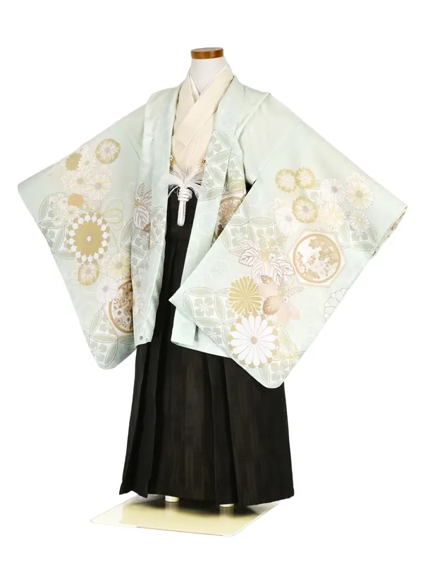 かんたん七五三5歳男袴 パステルグリーン 花紋 菊 桐/矢絣 茶緑袴