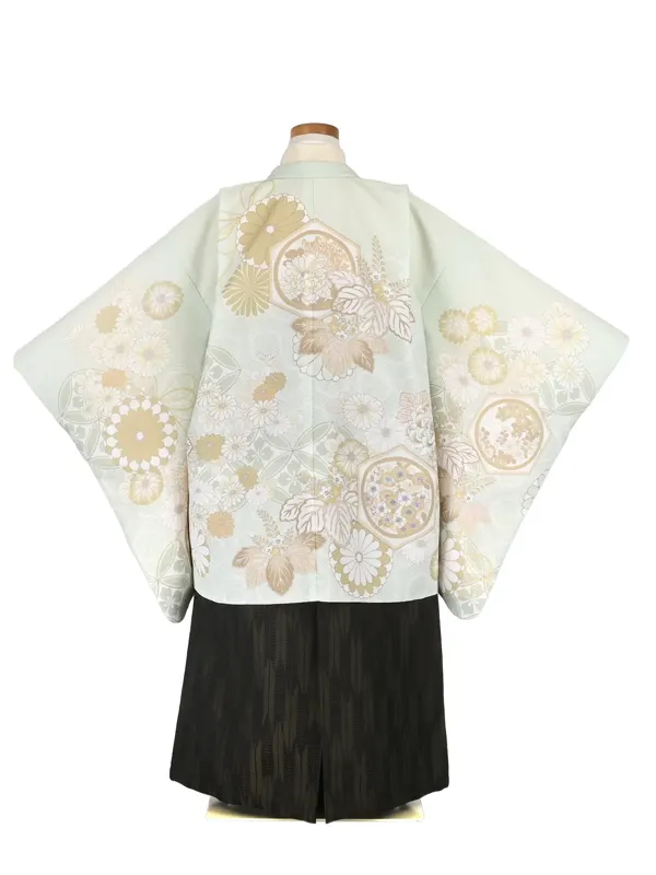 かんたん七五三5歳男袴 パステルグリーン 花紋 菊 桐/矢絣 茶緑袴