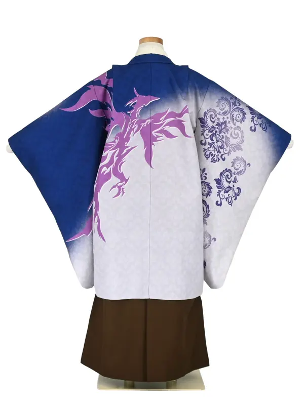 かんたん七五三5歳男袴 青/白 鳳凰/茶色無地袴