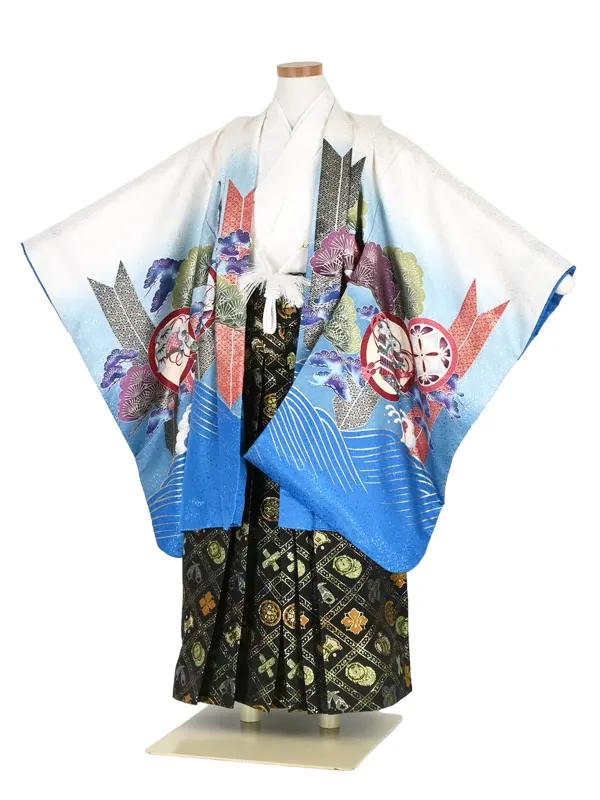 かんたん七五三5歳男袴 松に鷹 白 青/変り袴 黒