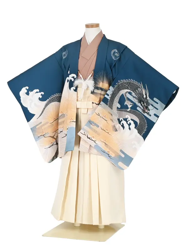 かんたん七五三5歳男袴 藍青 龍 月夜 梅/アイボリー無地袴