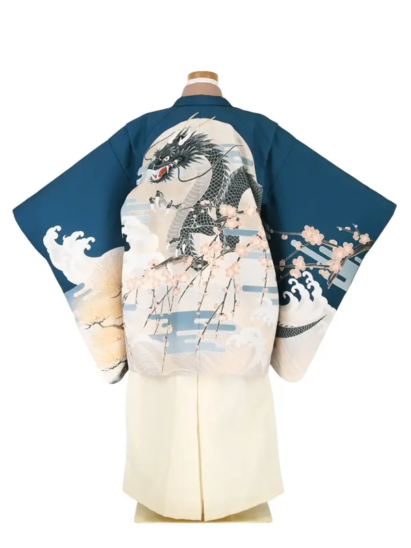 かんたん七五三5歳男袴 藍青 龍 月夜 梅/アイボリー無地袴