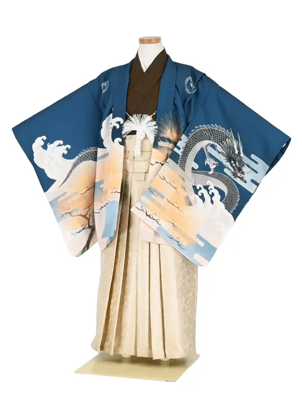 かんたん七五三5歳男袴 藍青 龍 月夜 梅/ゴールド袴