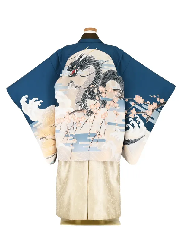 かんたん七五三5歳男袴 藍青 龍 月夜 梅/ゴールド袴