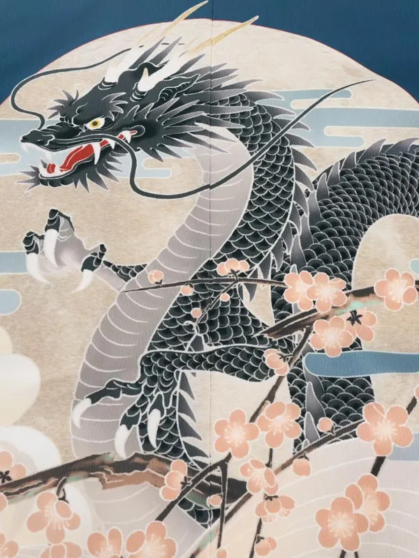 かんたん七五三5歳男袴 藍青 龍 月夜 梅/ゴールド袴