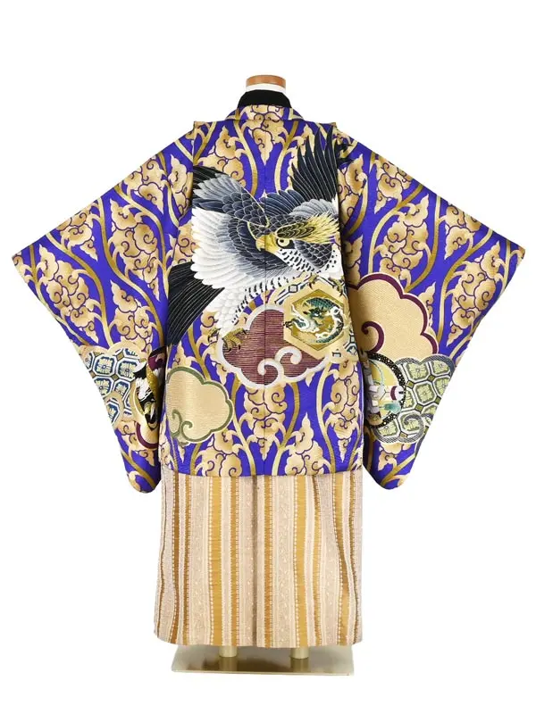 かんたん七五三5歳男袴 紫 雲海 鷹 龍/からし 変り袴