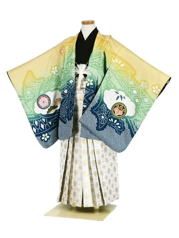 かんたん七五三5歳男袴 黄 緑 青 兜 刺繍 疋田/丸文様袴