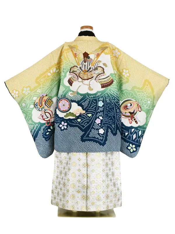 かんたん七五三5歳男袴 黄 緑 青 兜 刺繍 疋田/丸文様袴