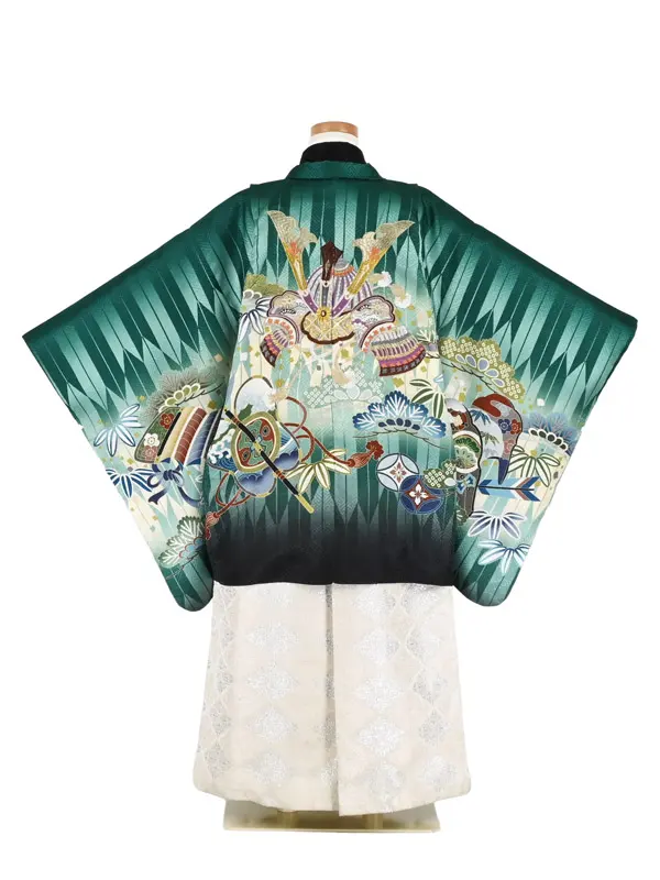 かんたん七五三5歳男袴 緑 矢絣 兜 刺繍/オリエンタル調袴