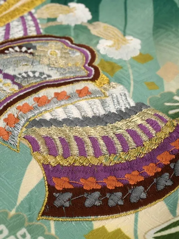 かんたん七五三5歳男袴 緑 矢絣 兜 刺繍/オリエンタル調袴
