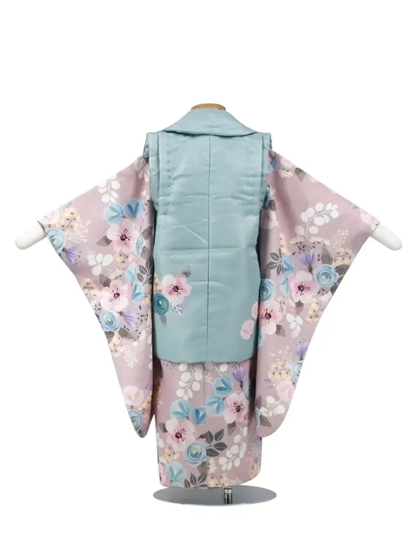 七五三 3歳女児 レンタル 被布 水彩花 金刺繍 緑 ピンク