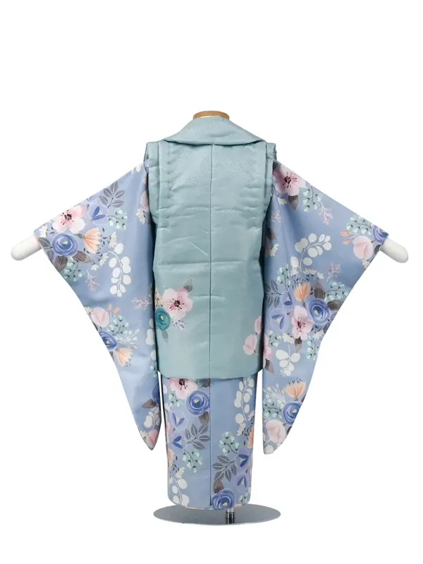 七五三 3歳女児 レンタル 被布 水彩花 金刺繍 緑 水色