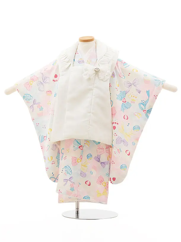 七五三2歳3歳女児ﾚﾝﾀﾙ白/ﾋﾟﾝｸ ｱｲﾎﾞﾘｰ りぼんﾏｶﾛﾝｹｰｷﾚｰｽ