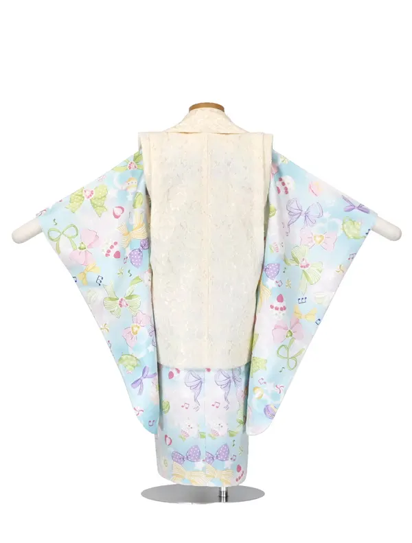 七五三2歳3歳女児ﾚﾝﾀﾙ ｱｲﾎﾞﾘｰ/水色 ﾚｰｽ りぼんﾏｶﾛﾝｹｰｷ