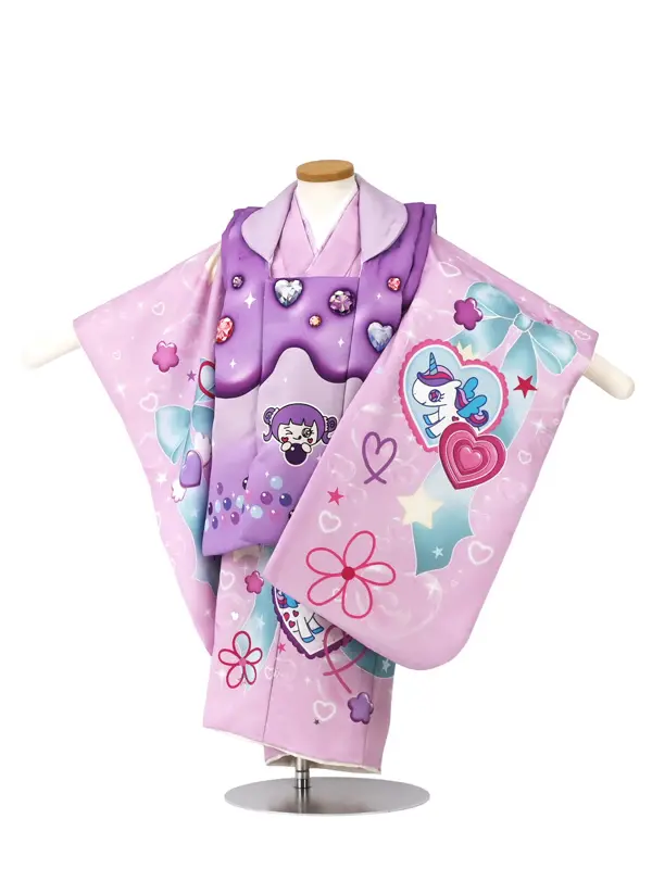 七五三 女児 3歳 レンタル 紫/ピンク ユニコーン リボン