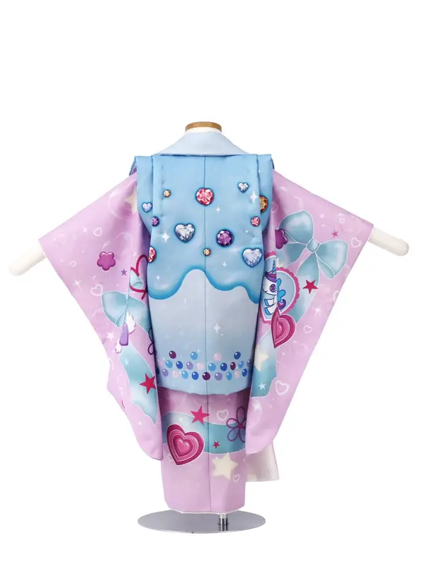七五三 女児 3歳 レンタル 水色/ピンク ユニコーン リボン