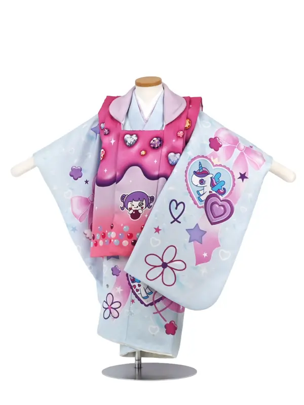 七五三 女児 3歳 レンタル ピンク/水色 ユニコーン リボン