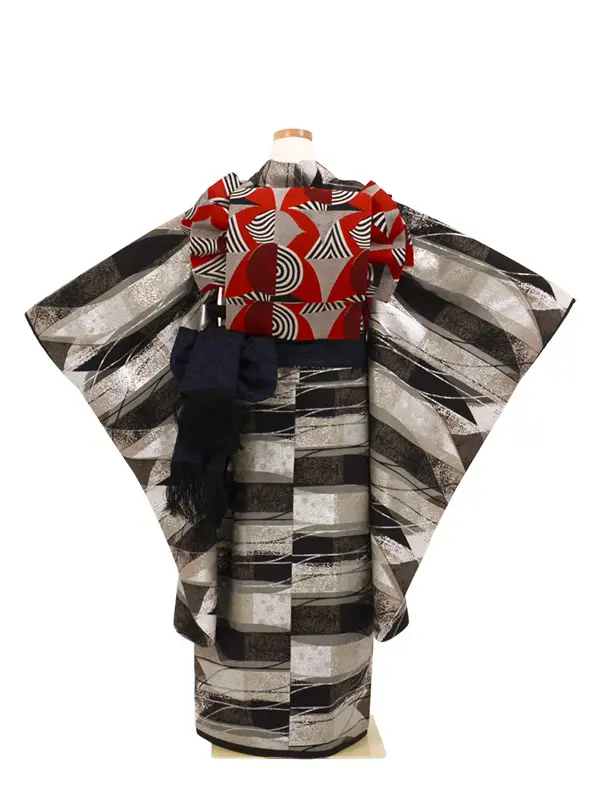 七五三 7歳女児 結び帯 ﾓﾉﾄｰﾝ ﾓｰﾄﾞ ﾎﾞｰﾀﾞｰ ﾓﾀﾞﾝｱﾝﾃﾅ