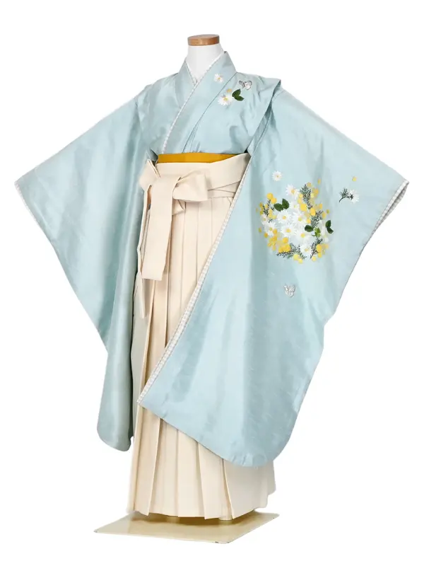 女児袴レンタル 7歳女袴 水色 刺繍 黄花 /オフ白袴