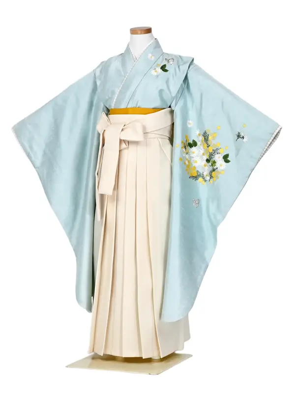 女児袴レンタル 7歳女袴 水色 刺繍 黄花 /オフ白袴
