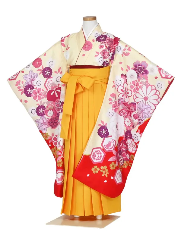 女児袴レンタル 7歳女袴 クリーム色 赤 ピンク 牡丹 絵羽柄/黄袴