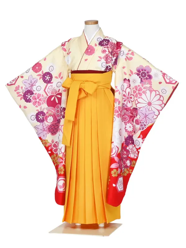 女児袴レンタル 7歳女袴 クリーム色 赤 ピンク 牡丹 絵羽柄/黄袴