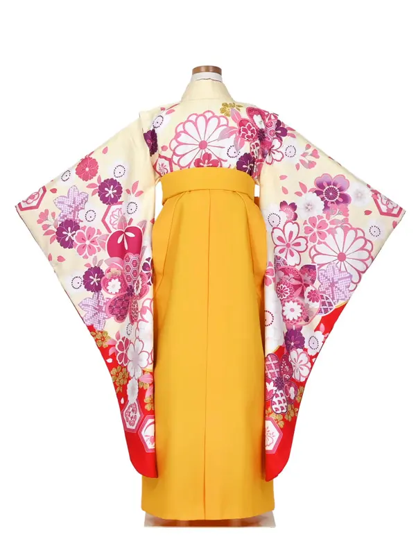 女児袴レンタル 7歳女袴 クリーム色 赤 ピンク 牡丹 絵羽柄/黄袴